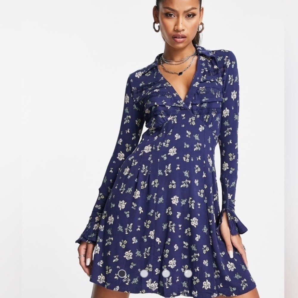 Free People Navy Floral Long Sleeve Dress